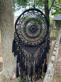 Intricate Black Dream Catcher Mandala Crochet: Large 38" x 12.5" Artistry